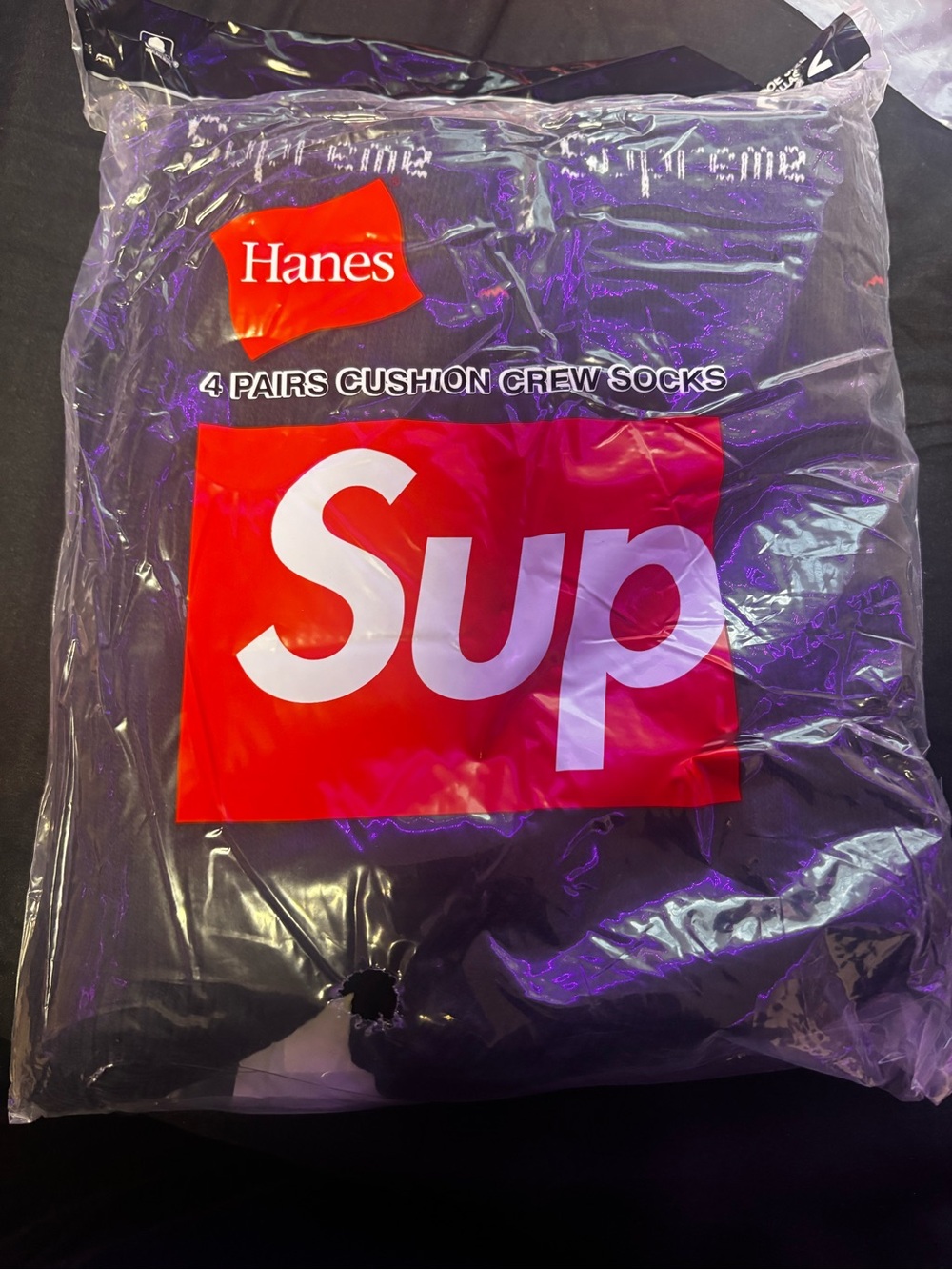 Hanes Black Crew Cushion Socks with Red Sup Logo